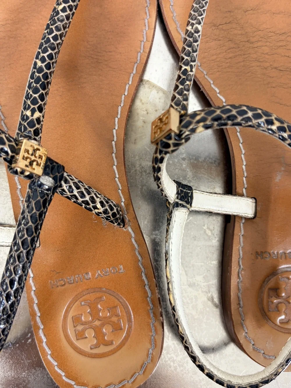 Tory Burch Tan Leather Thora Snake-Print Thong Sandals Size 7